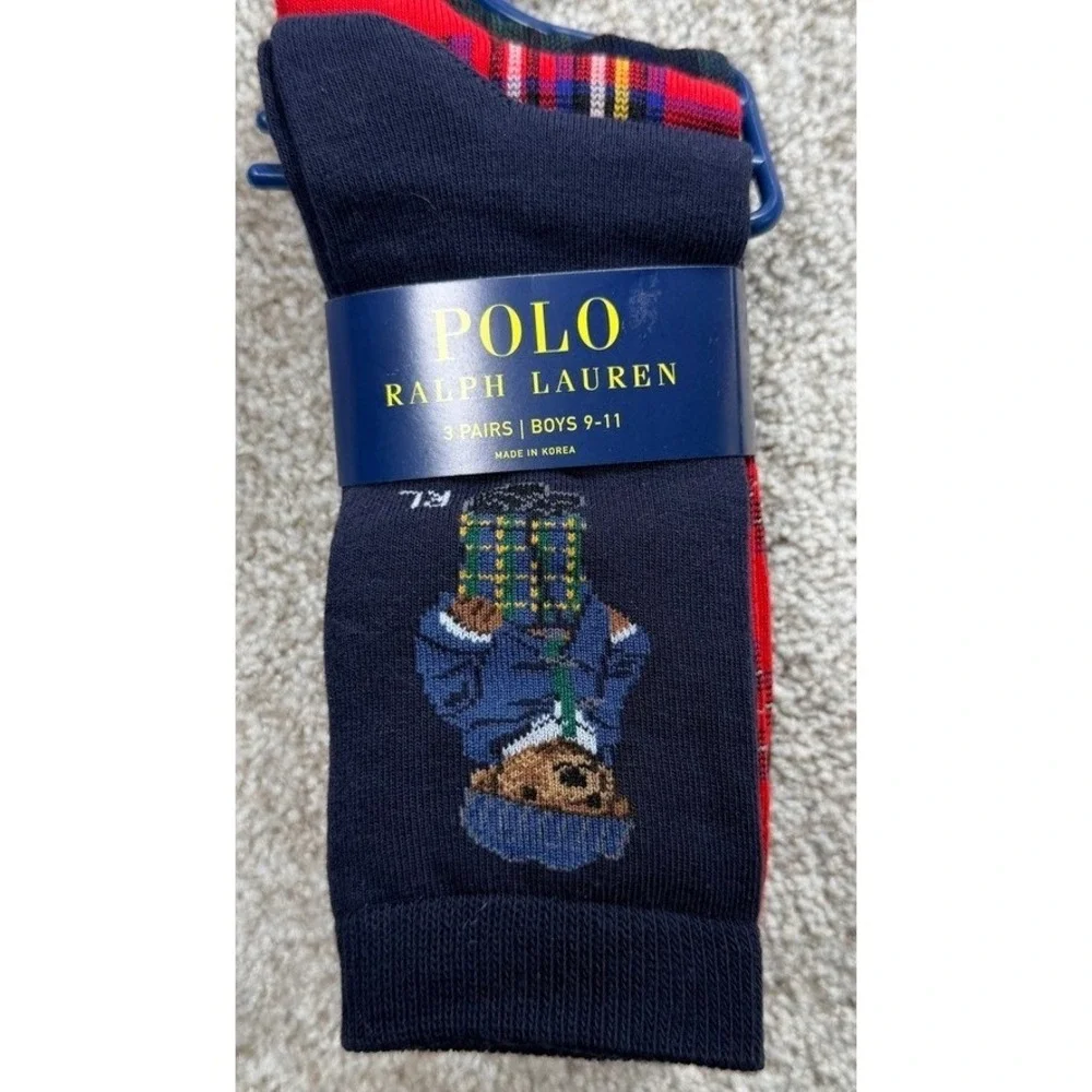 Polo Ralph Lauren Boys 3 Pack Crew Socks Polo Bear Plaid Tartan Navy Red 9-11